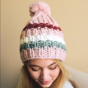 Pink striped knit pom hat